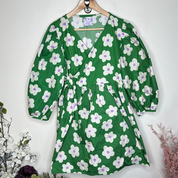 MIA LAYZELL Lupin Mini Wrap Dress Cotton Poplin Daisy Floral Green Sz S {3N30} - Picture 2 of 5